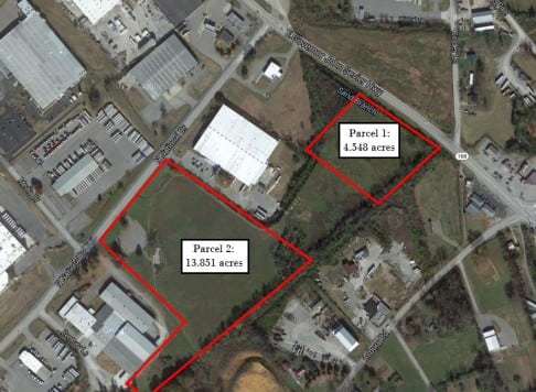 Aerial map of two parcels of land in the Forks of the River Industrial Park