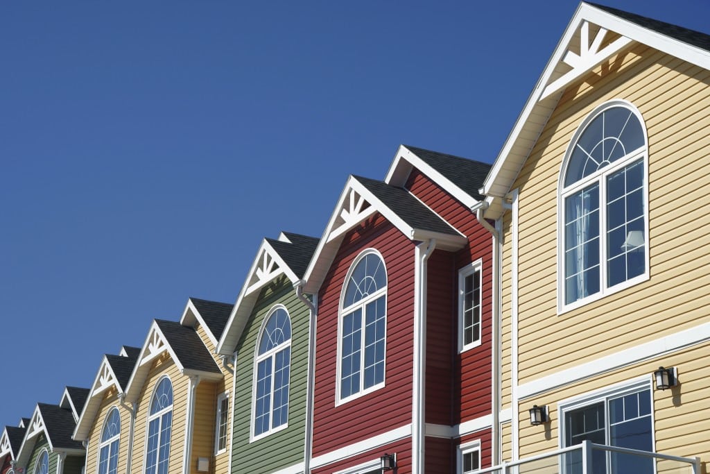 roofline of colorful townhouses