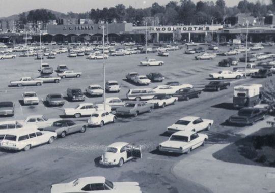 A black-and-white photo of the Oak Ridge mall