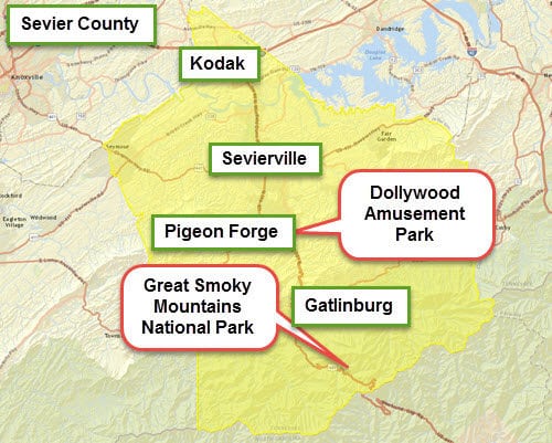 Highlighted map of Sevier County